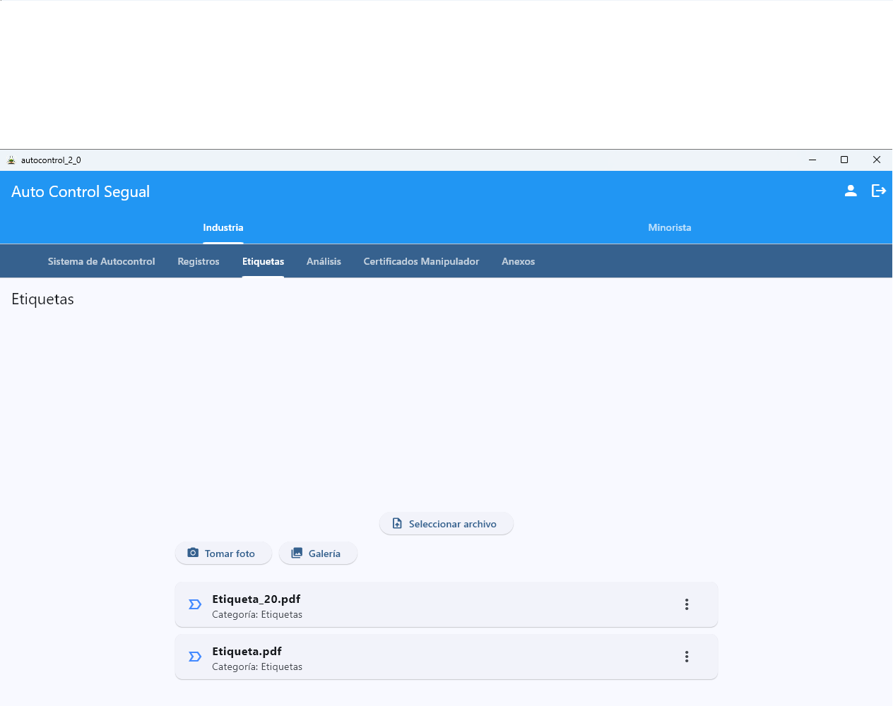 Gestión de etiquetas de productos en AutoControl industria — archivo digital de etiquetas en PDF por categoría