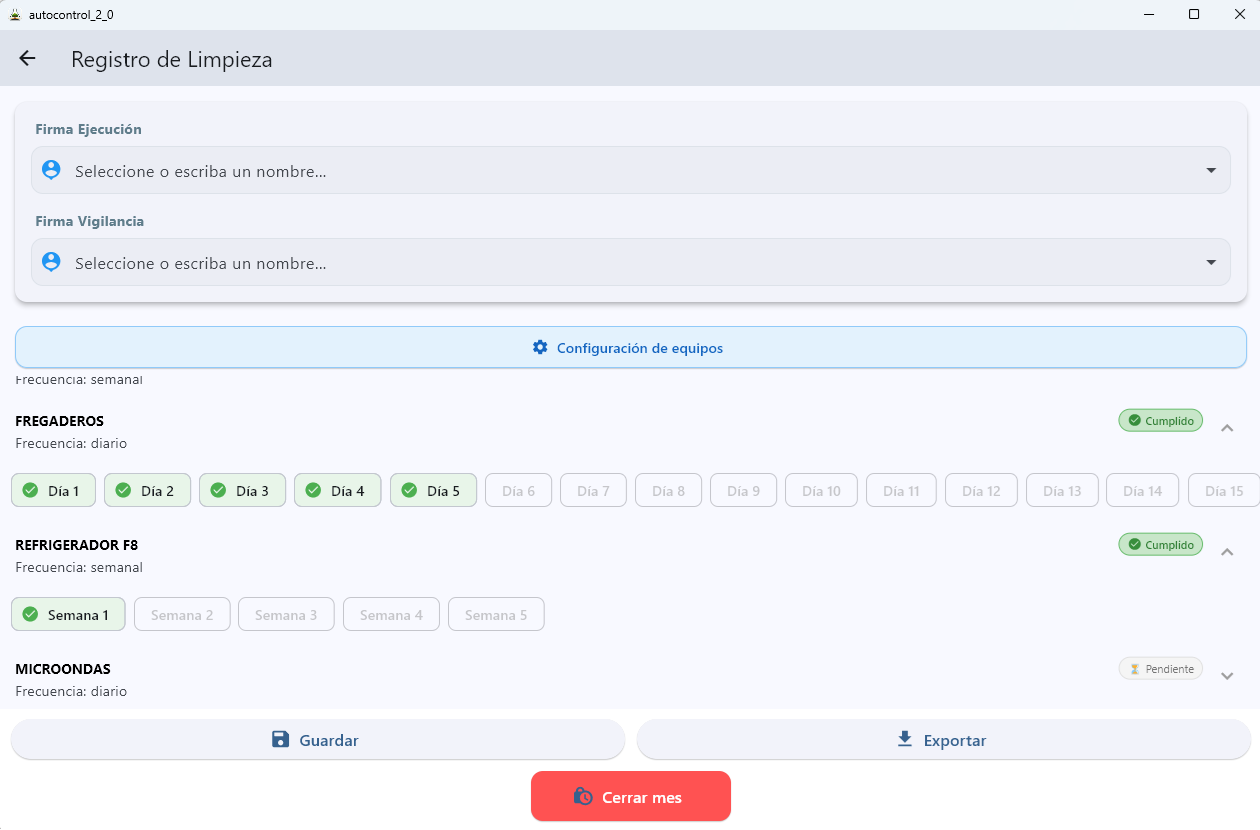 Registro de Limpieza en AutoControl industria — seguimiento por equipos con firmas digitales y estados Cumplido/Pendiente