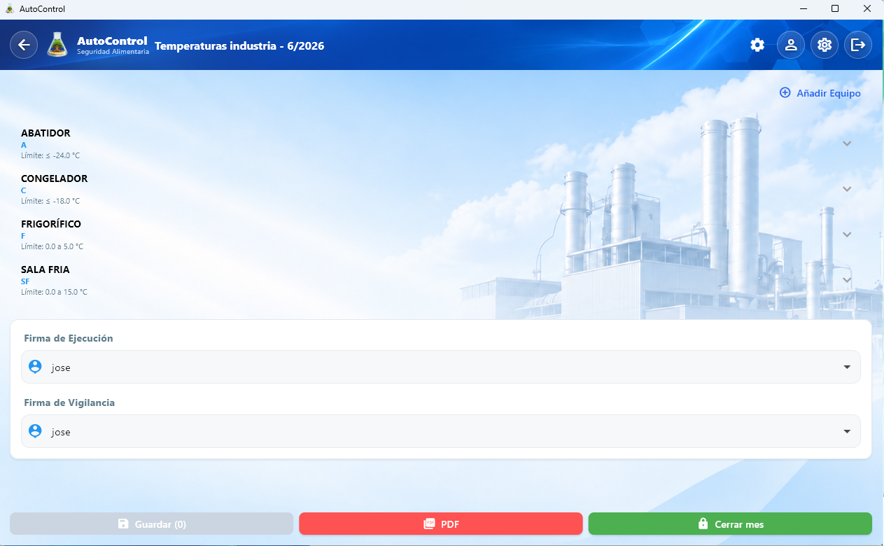 Módulo de Control de Temperaturas en AutoControl industria — registro de refrigeración, congelación, abatimiento y cámaras con rangos validados